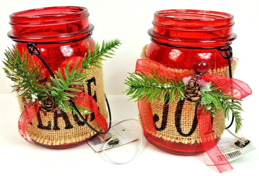 Light Up Christmas Mason Jars Lamps Burlap Holiday Decor Joy Peace Lot of 2